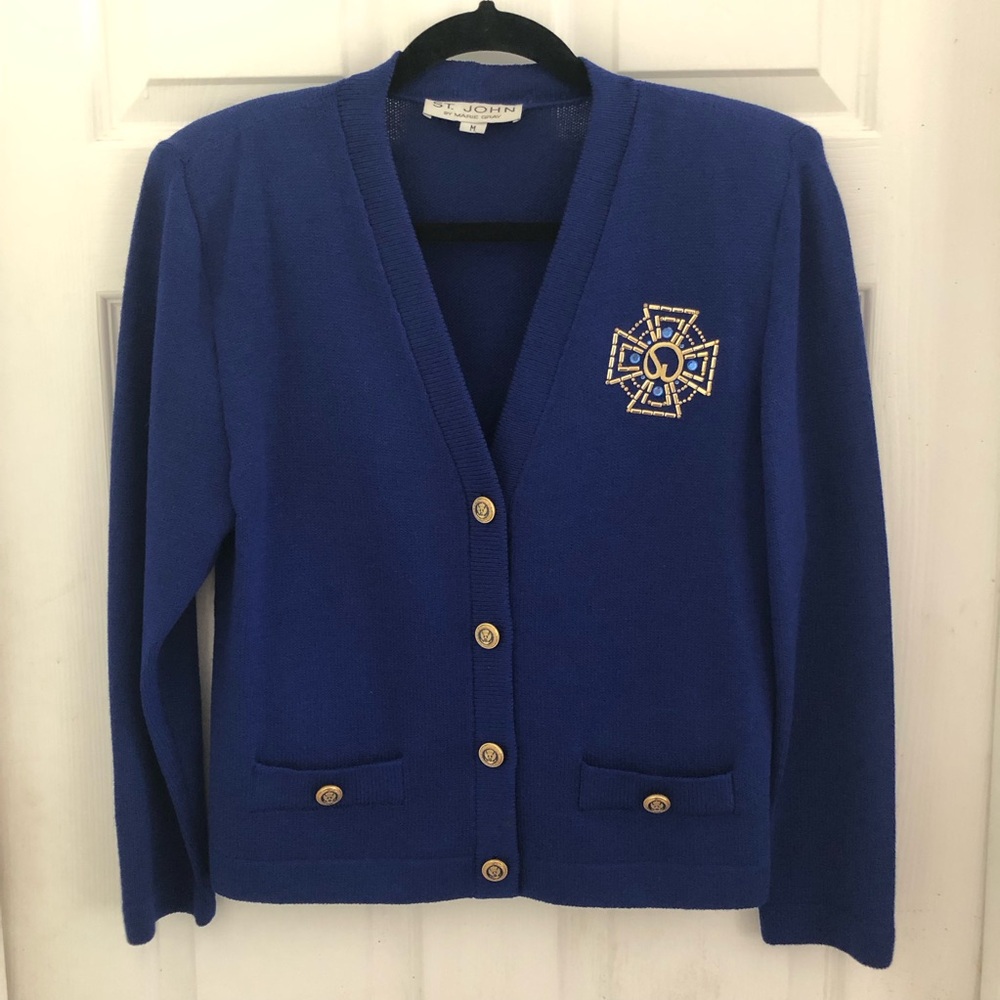 St. John Cobalt Blue V-Neck Cardigan pencil skirt two piece suit size medium - Picture 2 of 14